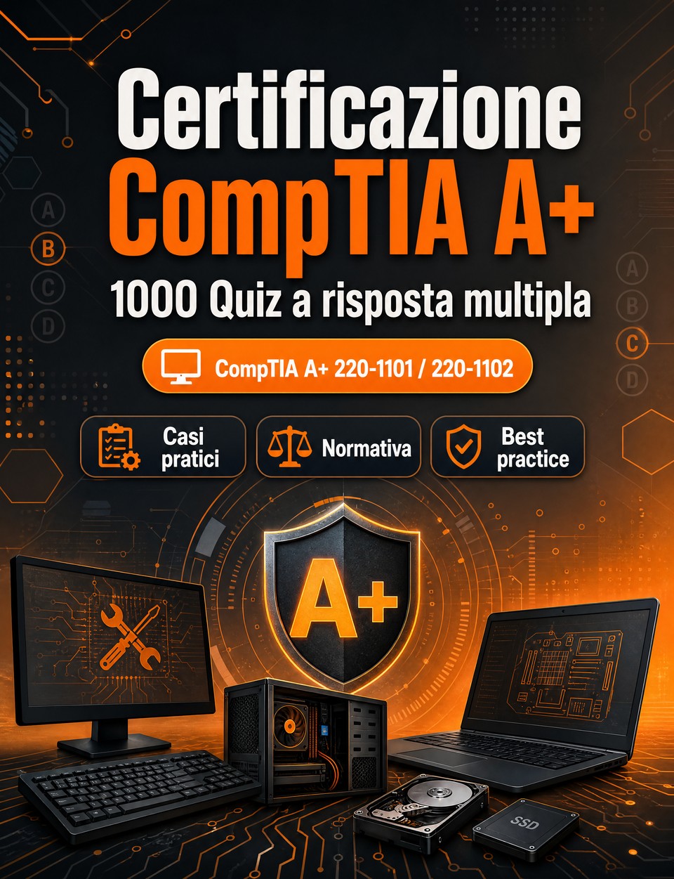 Certificazione CompTIA A+ 2026-2027 : 1000 Quiz a risposta multipla — Preparazione certificazione: QCM Casi pratici, Normativa, Best practice, Sicurezza, Simulazione quiz  con quiz commentati