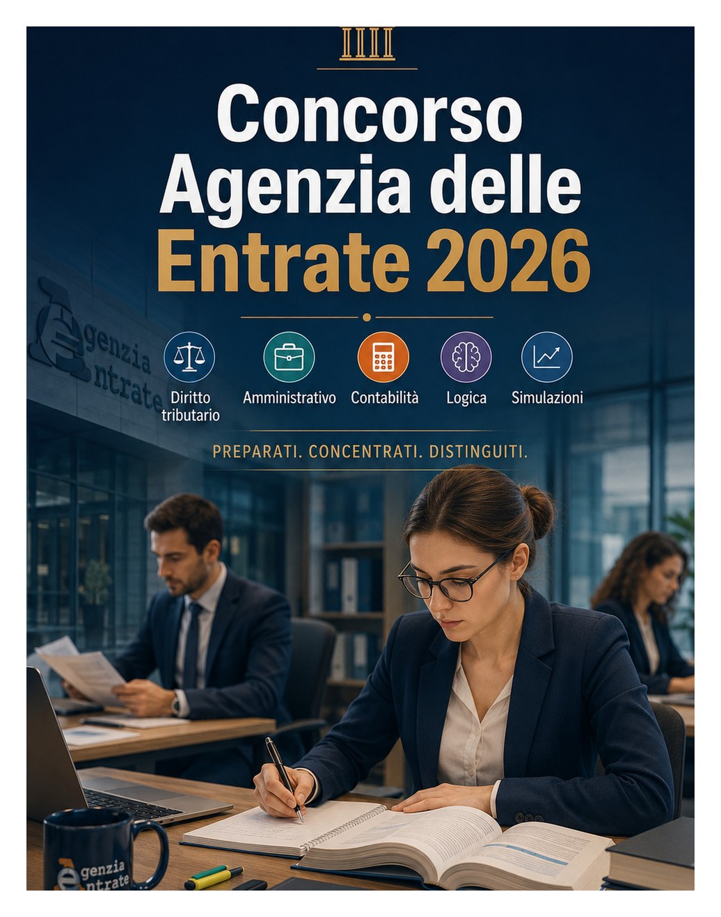 Concorso Agenzia delle Entrate 2026 — Diritto tributario, amministrativo, civile, contabilità, logica, informatica, inglese, quiz e simulazioni