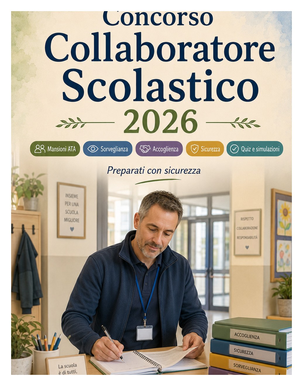 Concorso Collaboratore Scolastico 2026 Concorso Collaboratore Scolastico 2026 — Mansioni ATA, sorveglianza, accoglienza, sicurezza, igiene, rapporti con studenti e famiglie, quiz e simulazioni