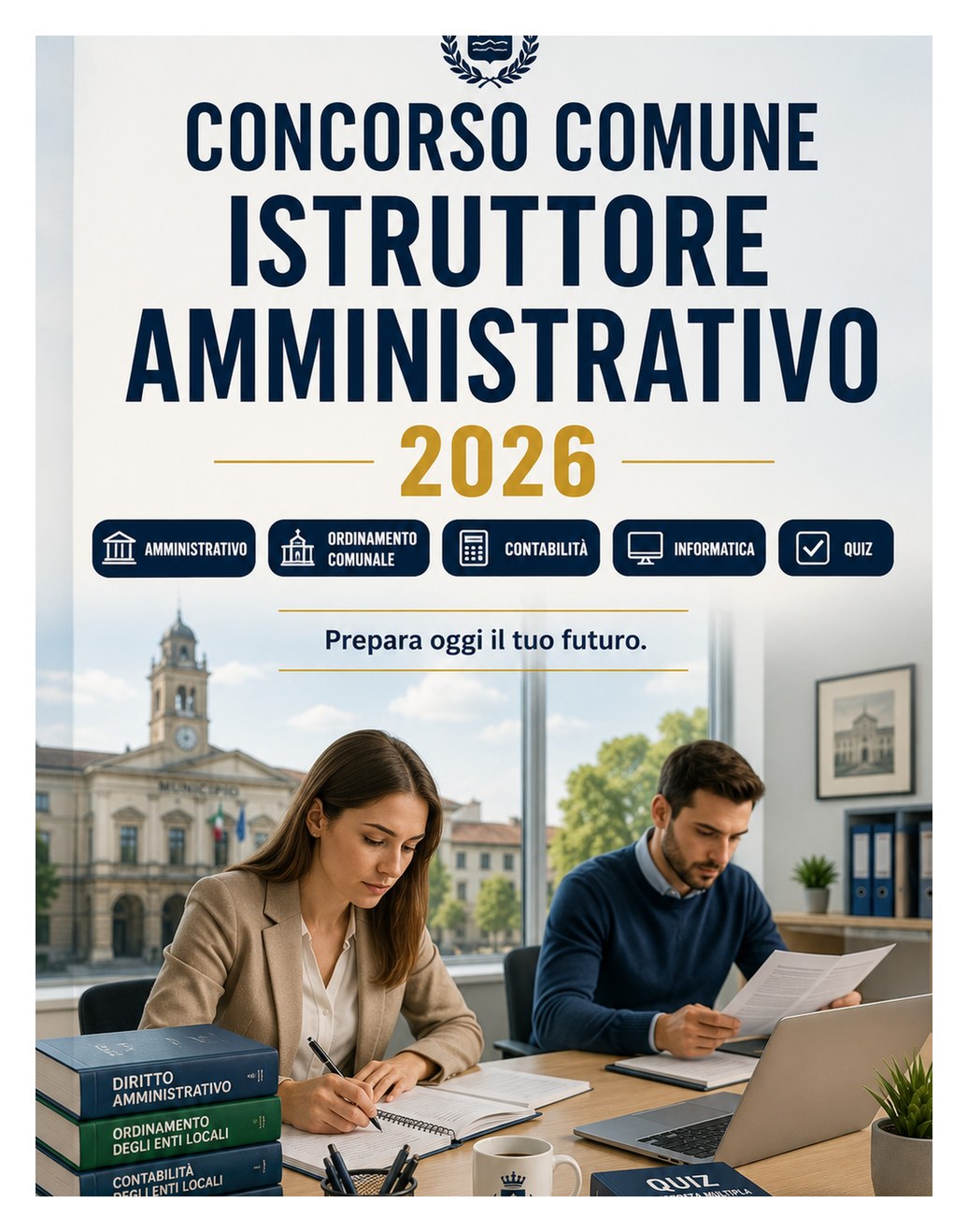 Concorso Comune Istruttore Amministrativo 2026 — Enti locali categoria istruttori: diritto amministrativo, ordinamento comunale, contabilità, atti, informatica e quiz