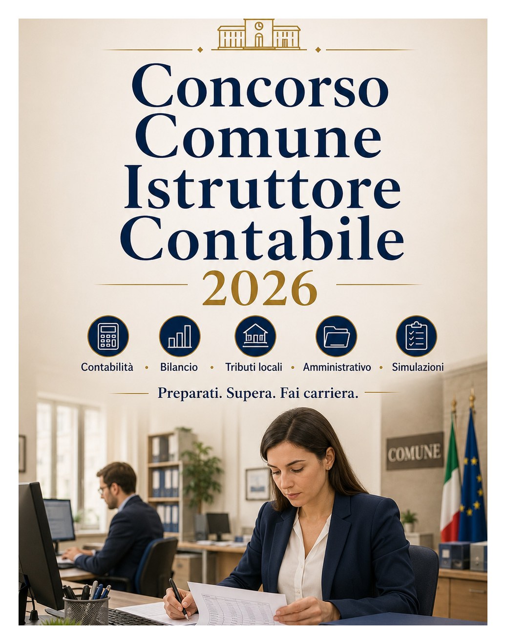 Concorso Comune Istruttore Contabile 2026 — Contabilità enti locali, bilancio, tributi locali, diritto amministrativo, ordinamento comunale e simulazioni