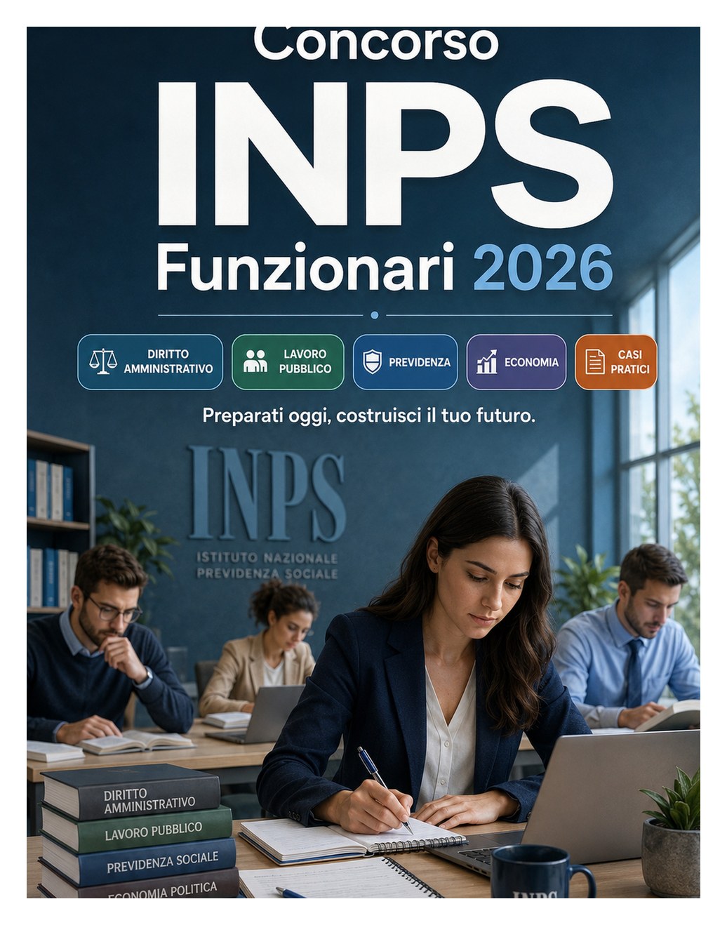 Concorso INPS Funzionari 2026 — Diritto amministrativo, lavoro pubblico, previdenza, economia, contabilità, inglese, informatica e casi pratici