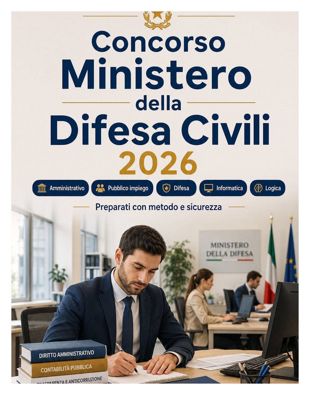 Concorso Ministero della Difesa Civili 2026 — Diritto amministrativo, pubblico impiego, organizzazione della Difesa, informatica, inglese, logica e quiz