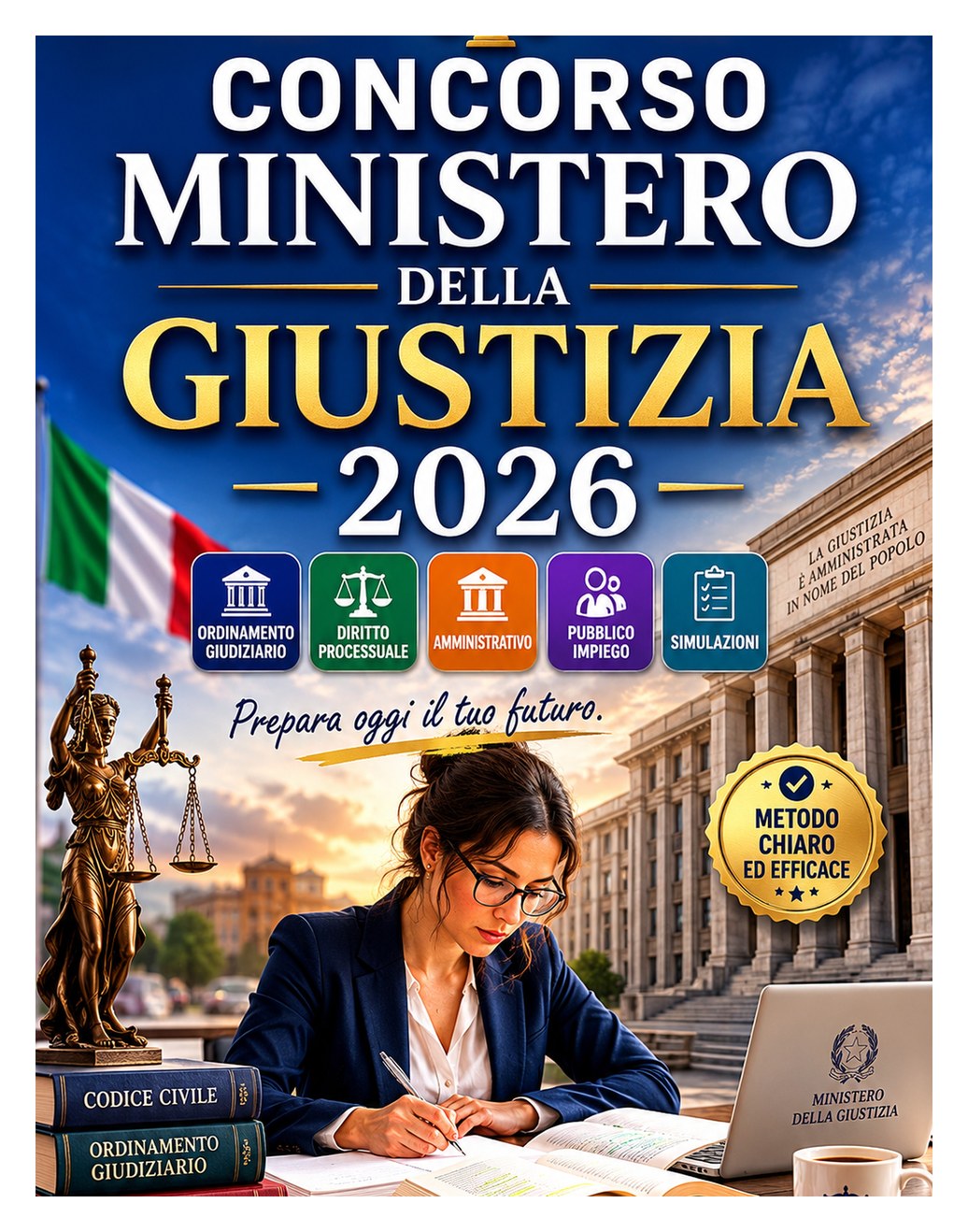 Concorso Ministero della Giustizia 2026 Concorso Ministero della Giustizia 2026 — Ordinamento giudiziario, diritto processuale, amministrativo, pubblico impiego, informatica, inglese e simulazioni